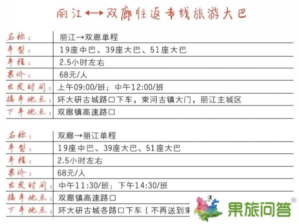 雙廊到麗江旅游專線直通車發車時間和價格表