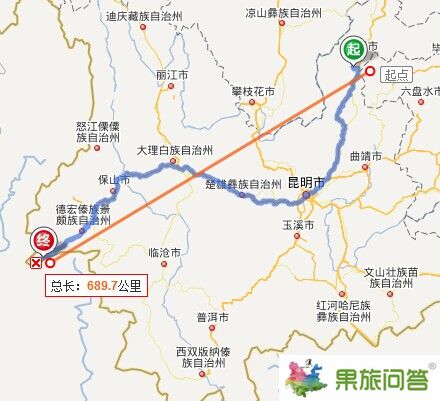 云南魯甸到瑞麗直線距離670公里，車程1048公里，乘車時間28小時。